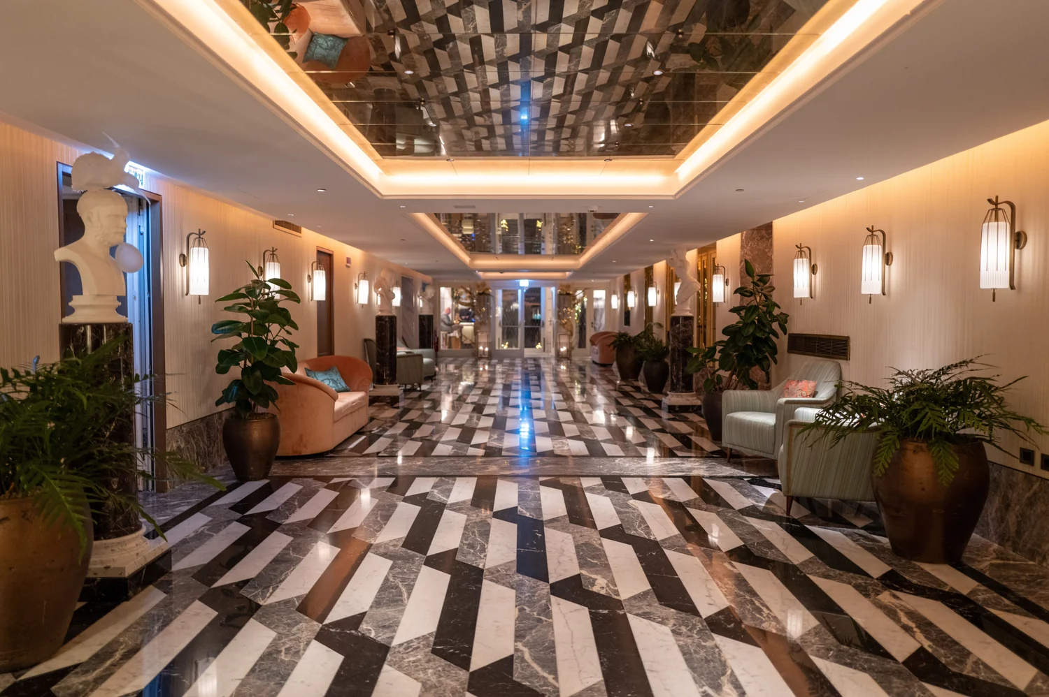 Modern city casino-hotel lobby with marble floors
