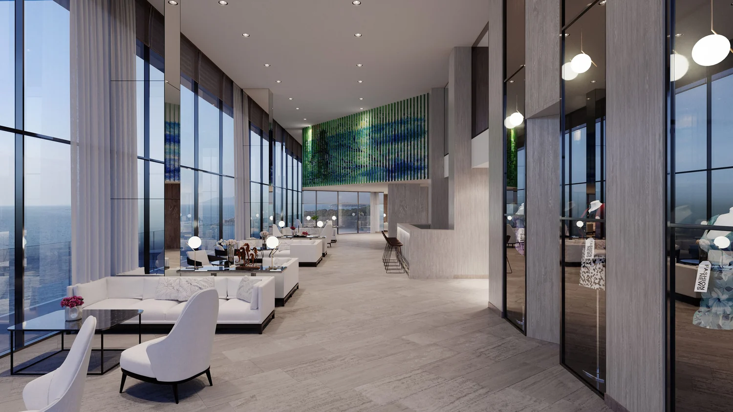 Panoramic sea view from a modern hotel lobby