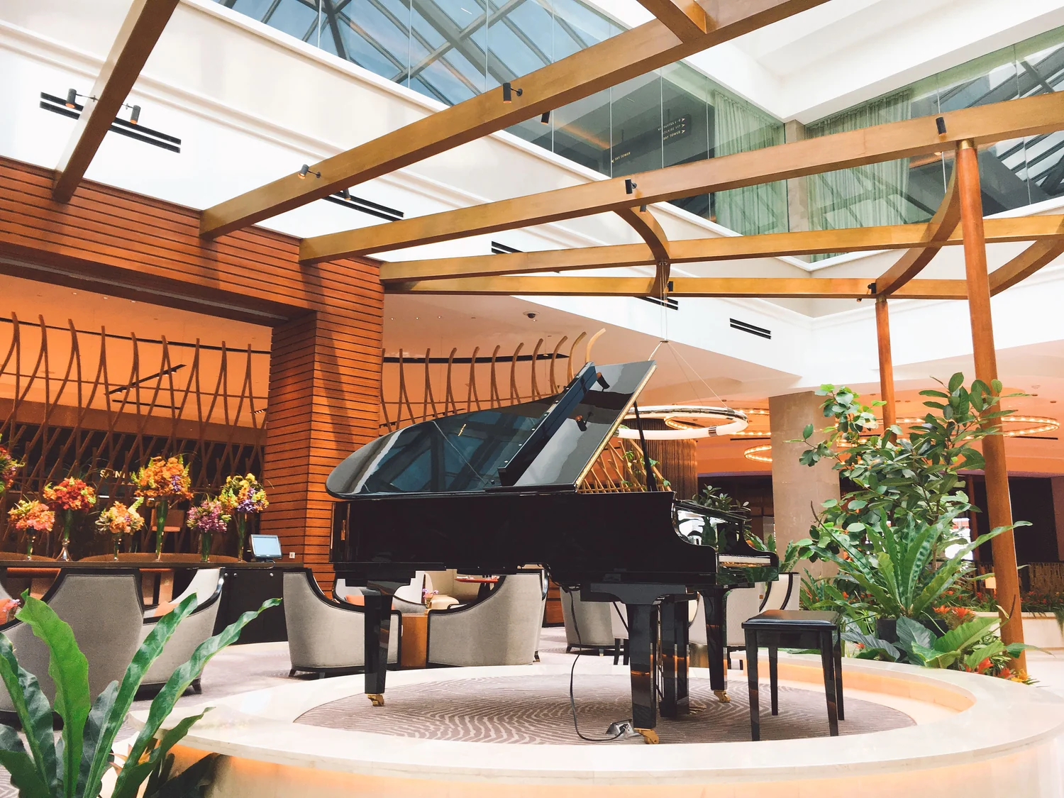 Grand piano in an elegant hotel lounge
